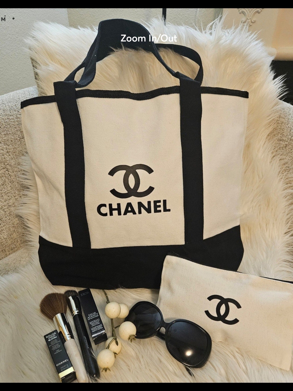 White and Black Canvas Tote with Pouch - Picture 2 of 10
